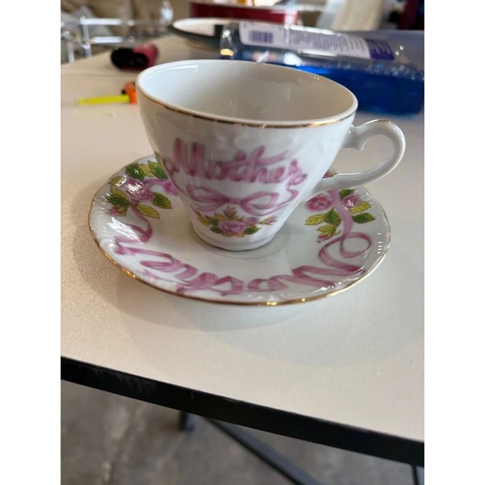 Vintage Mother Porcelain Teacup & Saucer Pink Roses Gold Trim